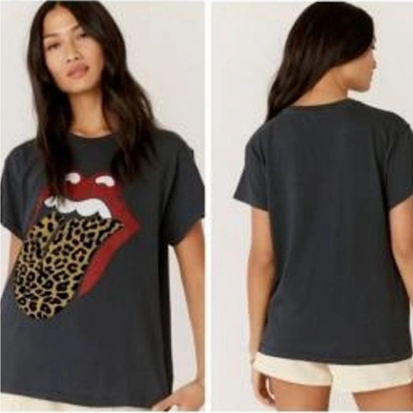Daydreamer X Free People M Rolling Stone 0537 Flocked Leopard Tongue Graphic Tee - Picture 1 of 9